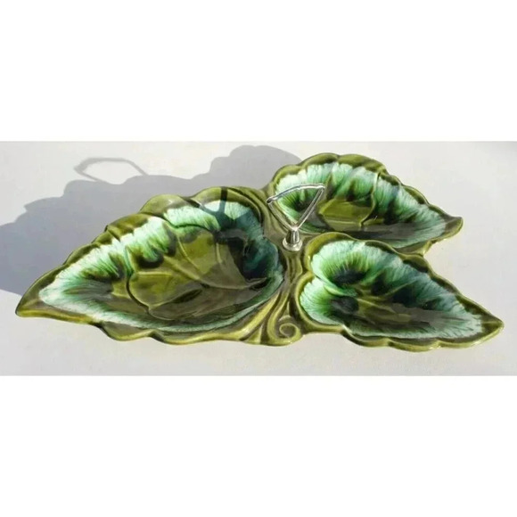 Vtg GREEN California Pottery Santa Anita Ware 3 Leaf Bowl Serving Dish W/ Handle - Picture 3 of 4